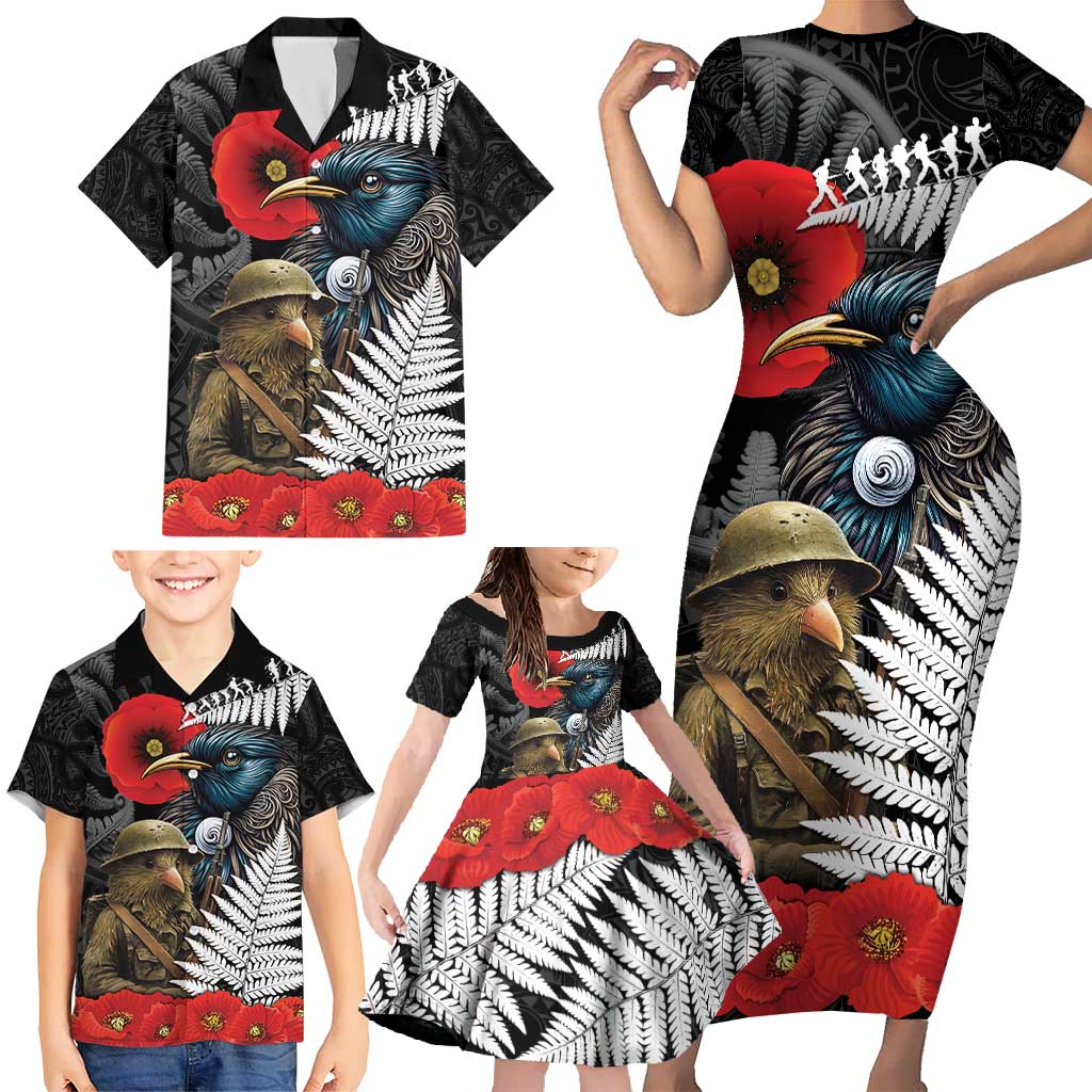 Kiwi-Tui Bird Soldier ANZAC Day Personalised Family Matching Short Sleeve Bodycon Dress and Hawaiian Shirt Maori Silver Fern Motif LT9 - Polynesian Pride
