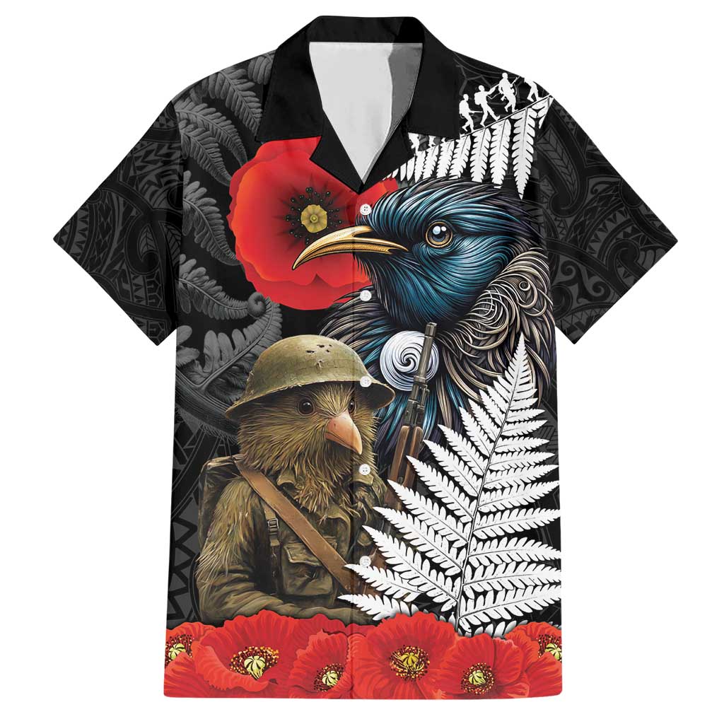 Kiwi-Tui Bird Soldier ANZAC Day Personalised Family Matching Short Sleeve Bodycon Dress and Hawaiian Shirt Maori Silver Fern Motif LT9 Dad's Shirt - Short Sleeve Black - Polynesian Pride