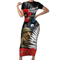 Kiwi-Tui Bird Soldier ANZAC Day Personalised Family Matching Short Sleeve Bodycon Dress and Hawaiian Shirt Maori Silver Fern Motif LT9 Mom's Dress Black - Polynesian Pride