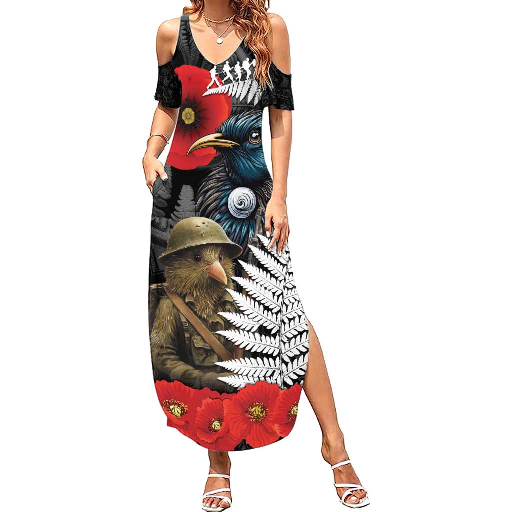 Kiwi-Tui Bird Soldier ANZAC Day Personalised Family Matching Summer Maxi Dress and Hawaiian Shirt Maori Silver Fern Motif LT9 Mom's Dress Black - Polynesian Pride