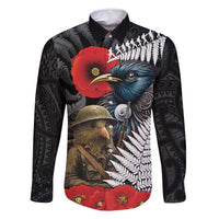 Kiwi-Tui Bird Soldier ANZAC Day Personalised Family Matching Tank Maxi Dress and Hawaiian Shirt Maori Silver Fern Motif LT9 Dad's Shirt - Long Sleeve Black - Polynesian Pride