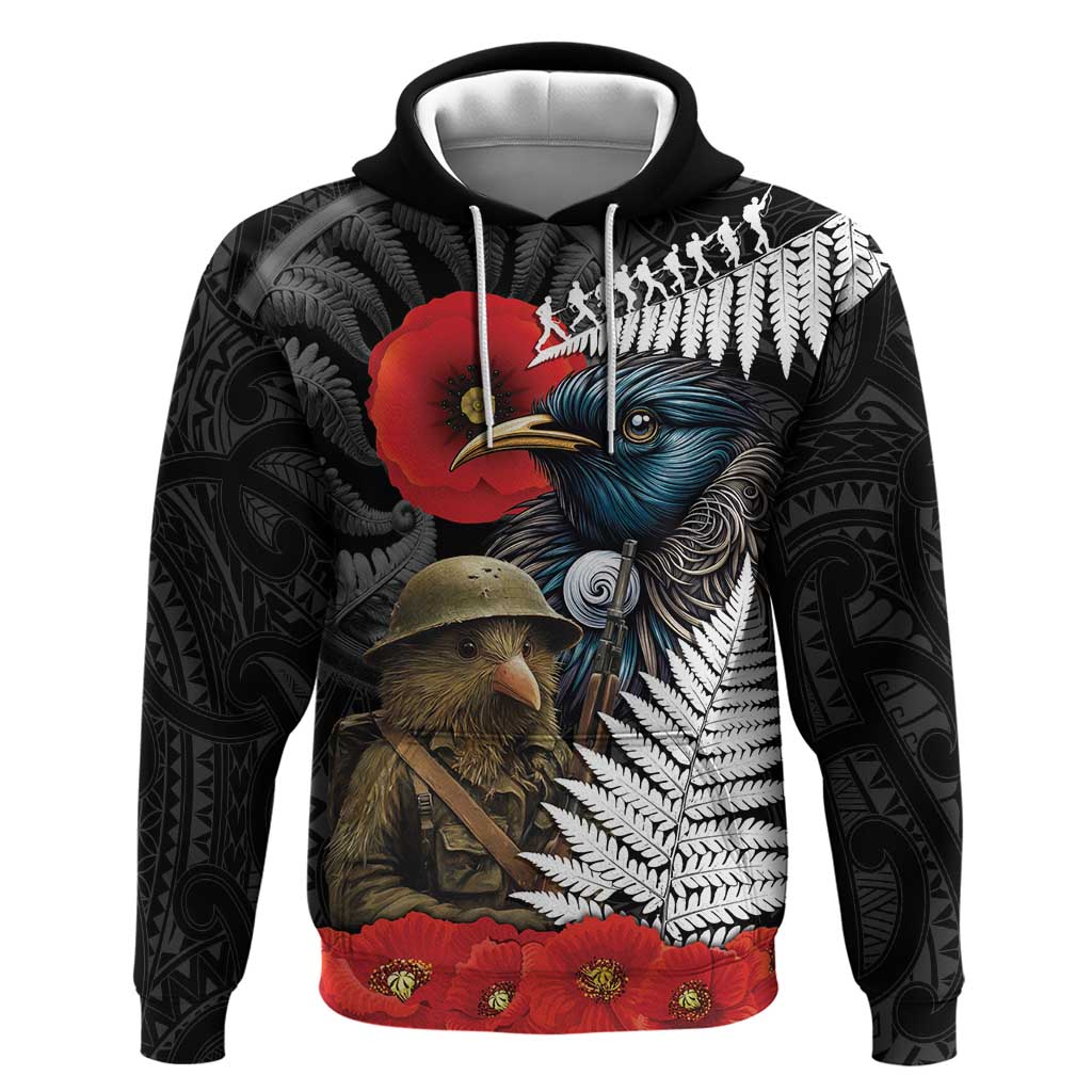 Kiwi-Tui Bird Soldier ANZAC Day Personalised Hoodie Maori Silver Fern Motif