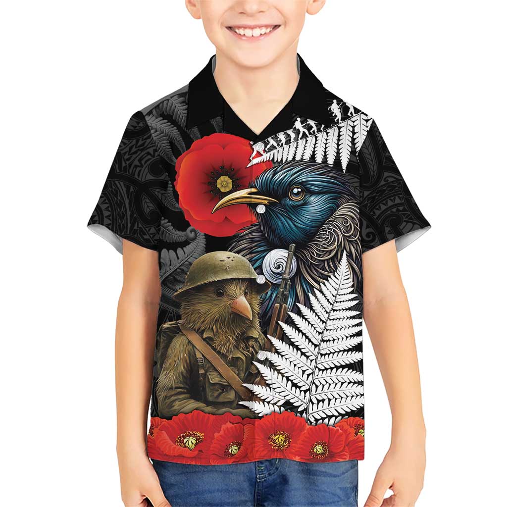 Kiwi-Tui Bird Soldier ANZAC Day Personalised Kid Hawaiian Shirt Maori Silver Fern Motif