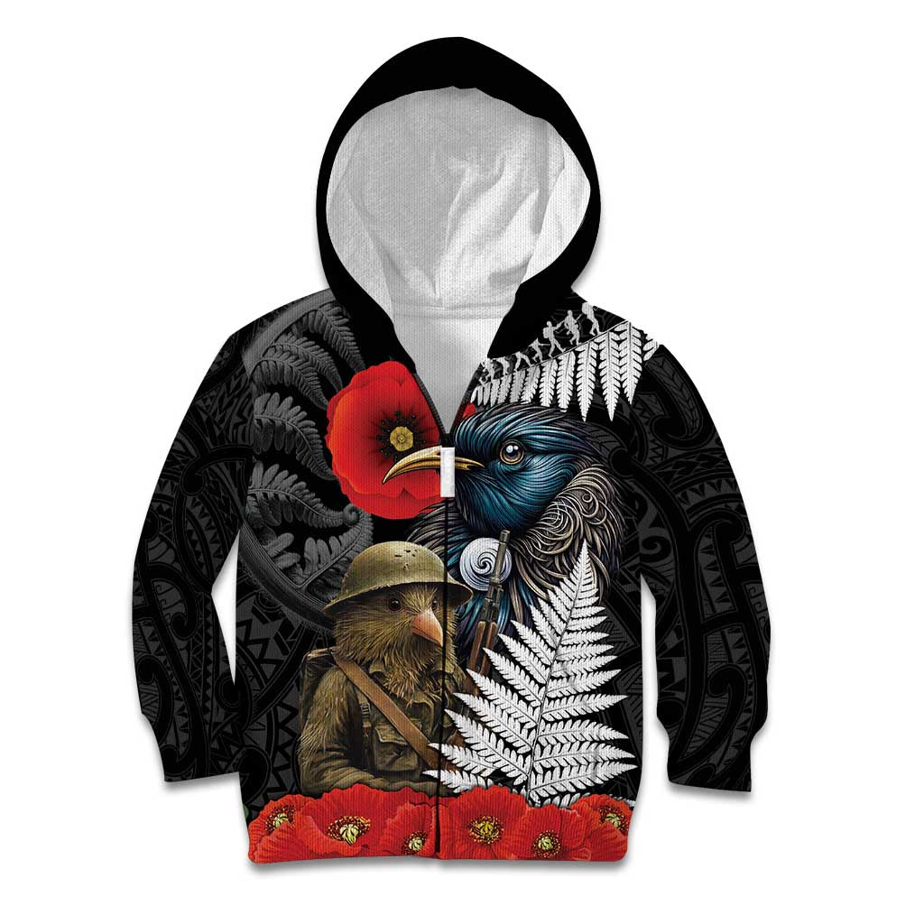 Kiwi-Tui Bird Soldier ANZAC Day Personalised Kid Hoodie Maori Silver Fern Motif LT9 Zip Hoodie Black - Polynesian Pride
