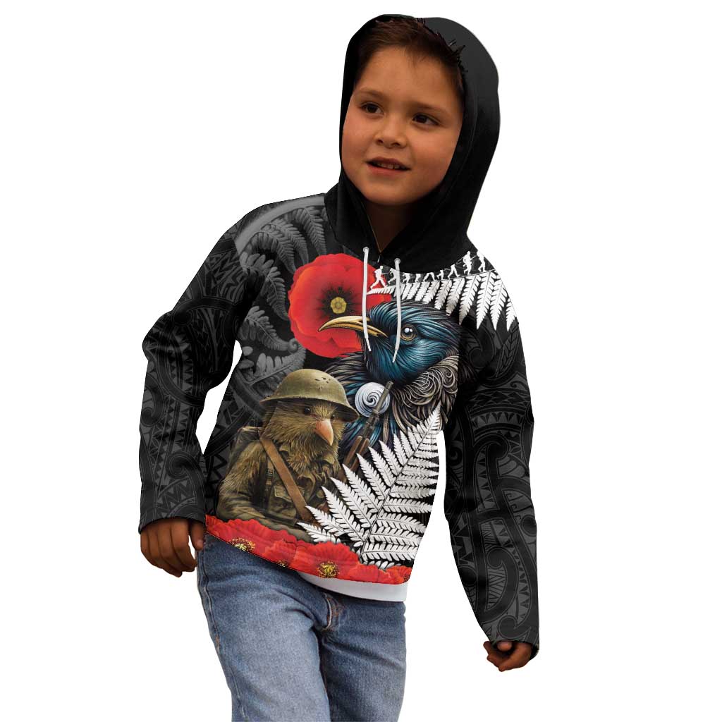 Kiwi-Tui Bird Soldier ANZAC Day Personalised Kid Hoodie Maori Silver Fern Motif LT9 - Polynesian Pride