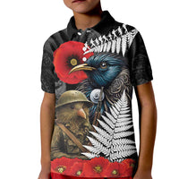 Kiwi-Tui Bird Soldier ANZAC Day Personalised Kid Polo Shirt Maori Silver Fern Motif LT9 Kid Black - Polynesian Pride
