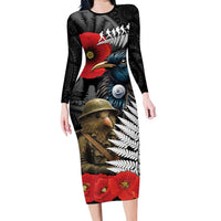 Kiwi-Tui Bird Soldier ANZAC Day Personalised Long Sleeve Bodycon Dress Maori Silver Fern Motif LT9 Long Dress Black - Polynesian Pride