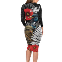 Kiwi-Tui Bird Soldier ANZAC Day Personalised Long Sleeve Bodycon Dress Maori Silver Fern Motif LT9 - Polynesian Pride