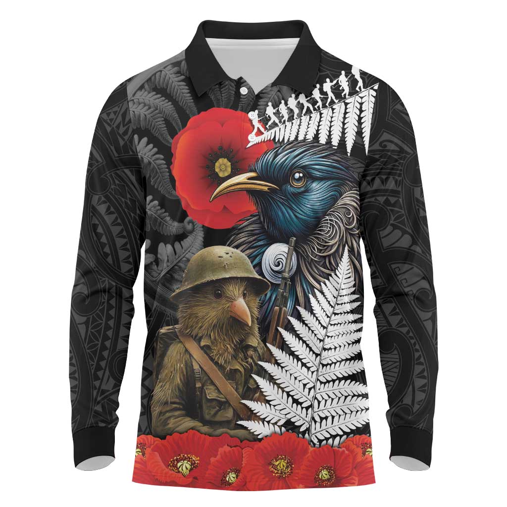 Kiwi-Tui Bird Soldier ANZAC Day Personalised Long Sleeve Polo Shirt Maori Silver Fern Motif