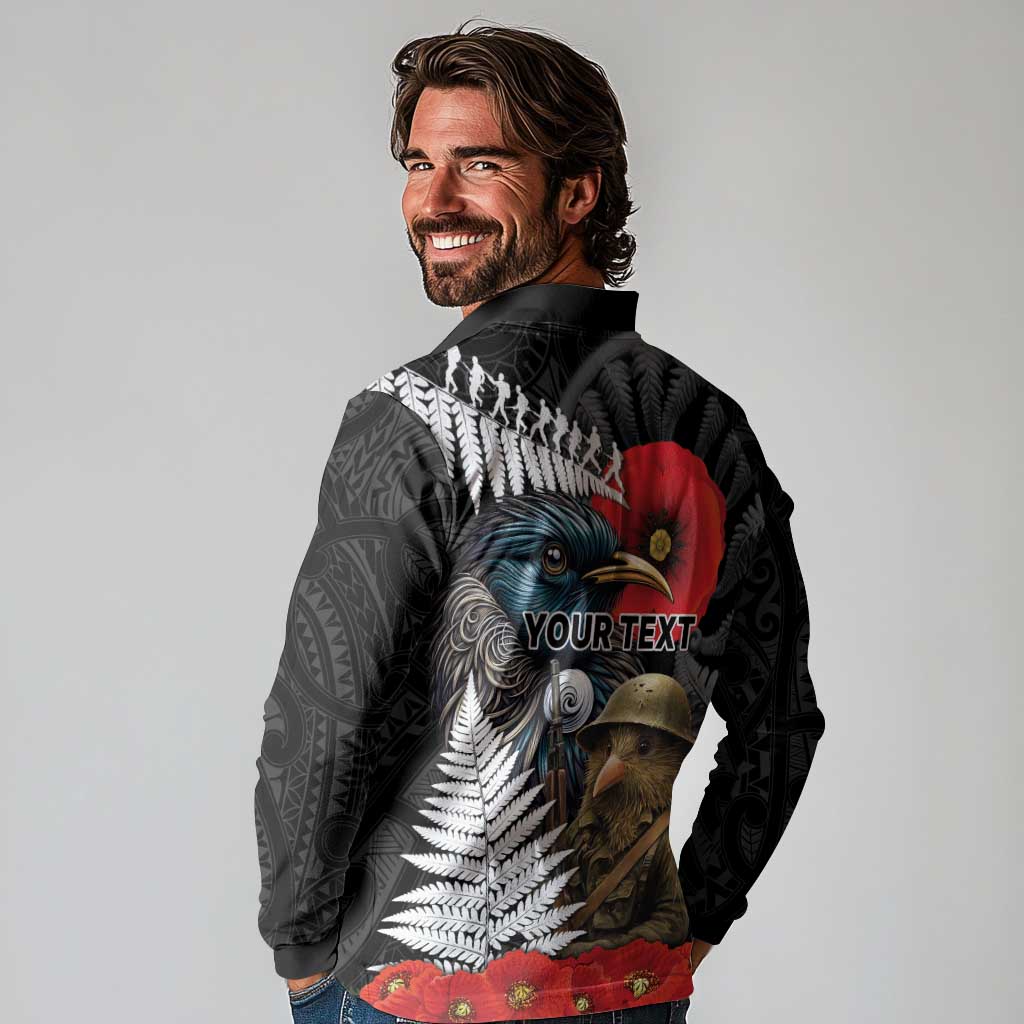 Kiwi-Tui Bird Soldier ANZAC Day Personalised Long Sleeve Polo Shirt Maori Silver Fern Motif LT9 - Polynesian Pride