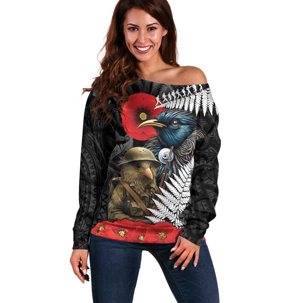 Kiwi-Tui Bird Soldier ANZAC Day Personalised Off Shoulder Sweater Maori Silver Fern Motif