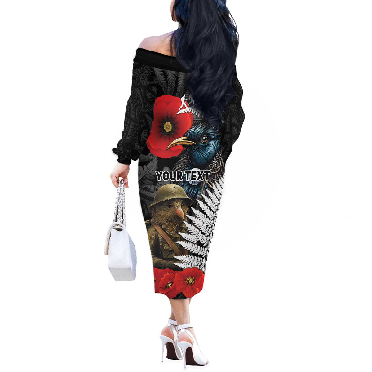 Kiwi-Tui Bird Soldier ANZAC Day Personalised Off The Shoulder Long Sleeve Dress Maori Silver Fern Motif LT9 - Polynesian Pride