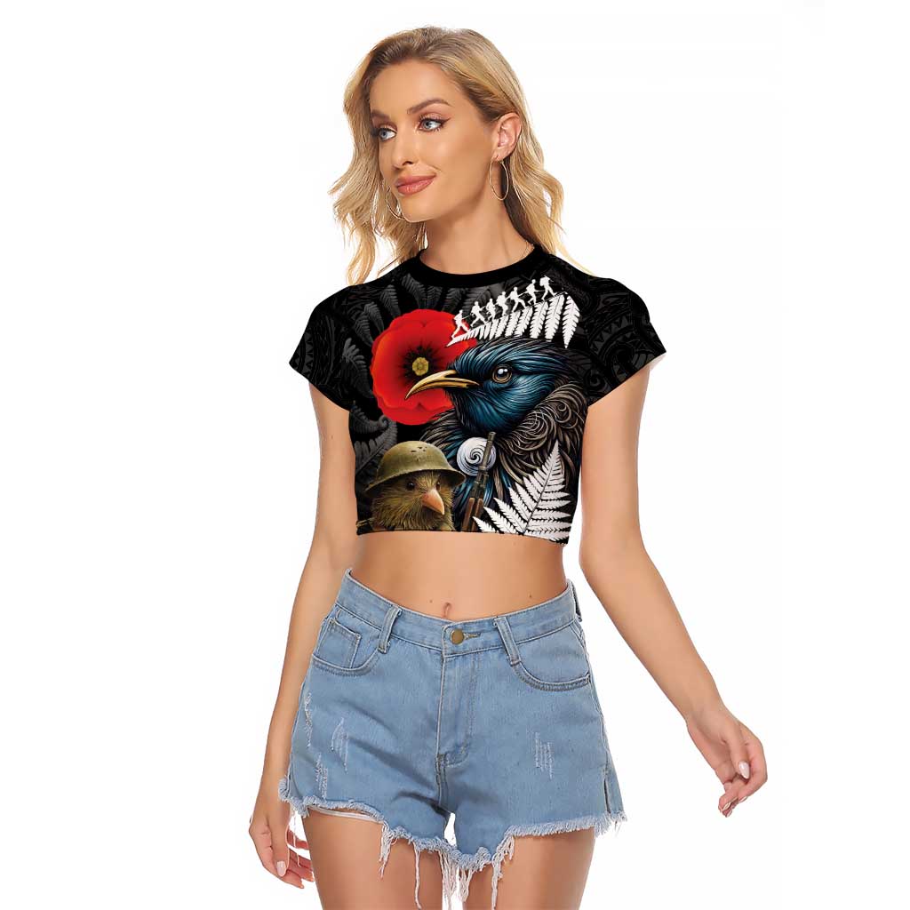 Kiwi-Tui Bird Soldier ANZAC Day Personalised Raglan Cropped T Shirt Maori Silver Fern Motif