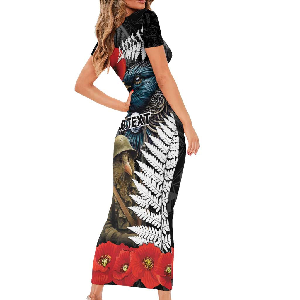 Kiwi-Tui Bird Soldier ANZAC Day Personalised Short Sleeve Bodycon Dress Maori Silver Fern Motif LT9 - Polynesian Pride