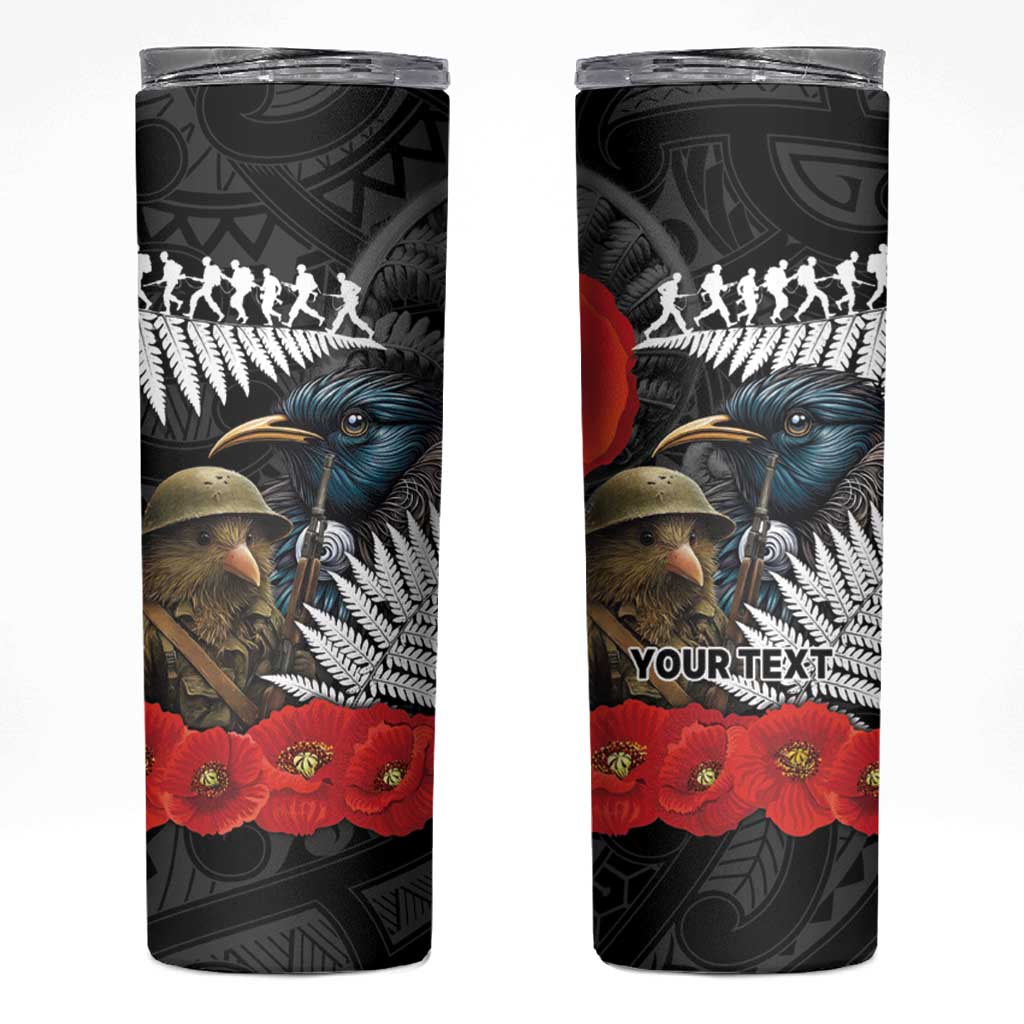 Kiwi-Tui Bird Soldier ANZAC Day Personalised Skinny Tumbler Maori Silver Fern Motif LT9 Black - Polynesian Pride