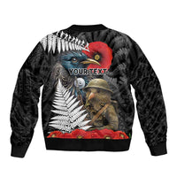 Kiwi-Tui Bird Soldier ANZAC Day Personalised Sleeve Zip Bomber Jacket Maori Silver Fern Motif