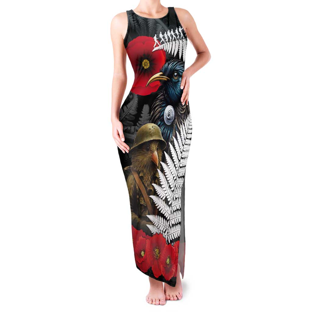 Kiwi-Tui Bird Soldier ANZAC Day Personalised Tank Maxi Dress Maori Silver Fern Motif LT9 Women Black - Polynesian Pride