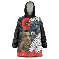 Kiwi-Tui Bird Soldier ANZAC Day Personalised Wearable Blanket Hoodie Maori Silver Fern Motif LT9 One Size Black - Polynesian Pride