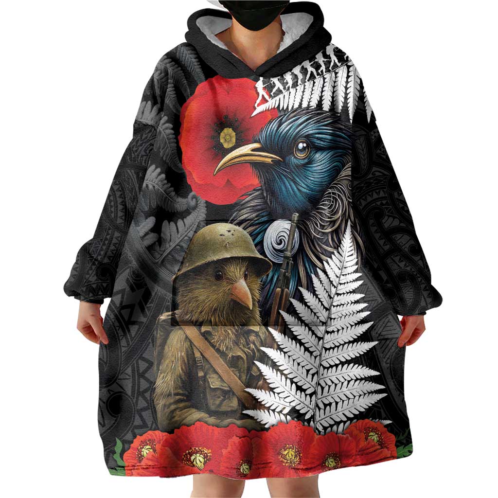 Kiwi-Tui Bird Soldier ANZAC Day Personalised Wearable Blanket Hoodie Maori Silver Fern Motif LT9 - Polynesian Pride