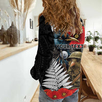 Kiwi-Tui Bird Soldier ANZAC Day Personalised Women Casual Shirt Maori Silver Fern Motif LT9 - Polynesian Pride