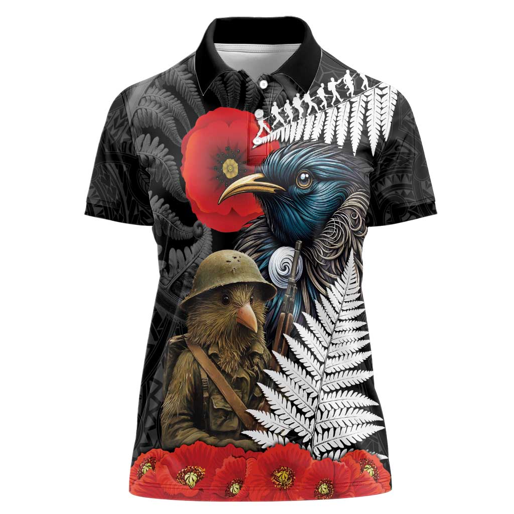 Kiwi-Tui Bird Soldier ANZAC Day Personalised Women Polo Shirt Maori Silver Fern Motif LT9 Female Black - Polynesian Pride