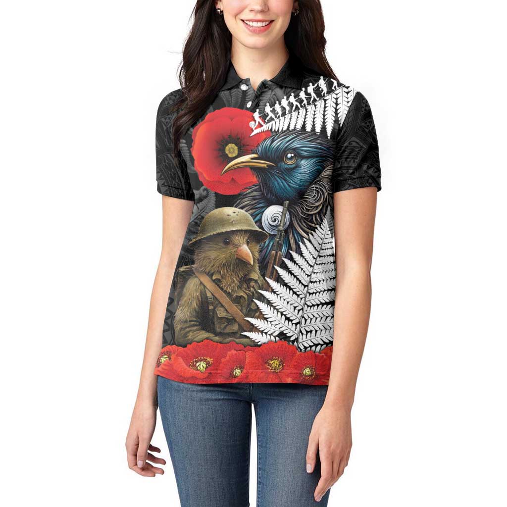 Kiwi-Tui Bird Soldier ANZAC Day Personalised Women Polo Shirt Maori Silver Fern Motif LT9 - Polynesian Pride