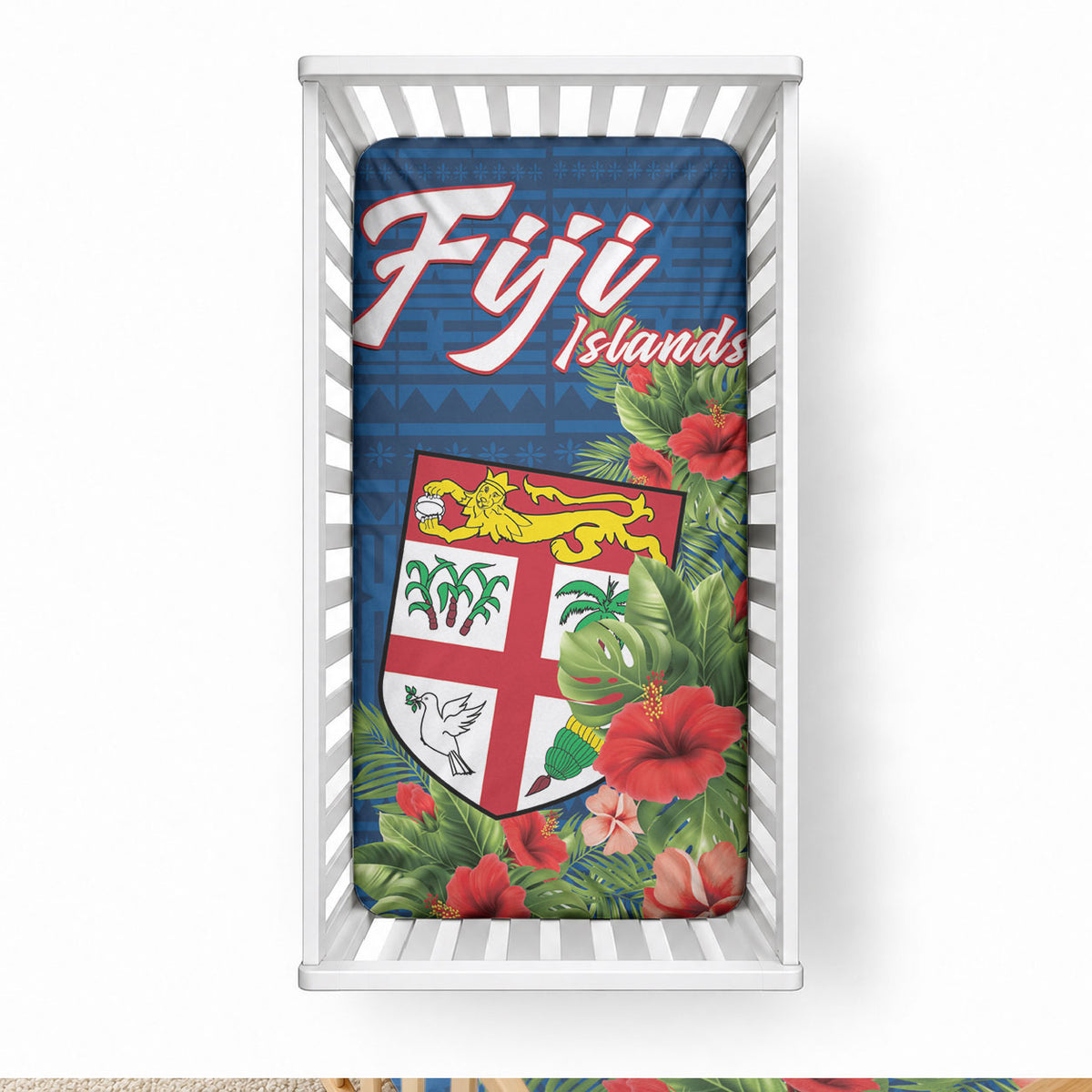 Polynesian Pride Fiji Baby Bed Cover Tropical Flowers and Tapa Pattern LT9 28 × 52 in Blue - Polynesian Pride