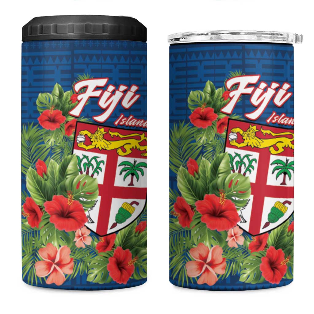 Fiji Island Tropical Flowers and Tapa Pattern 4 in 1 Can Cooler Tumbler LT9 One Size: 16 oz Blue - Polynesian Pride