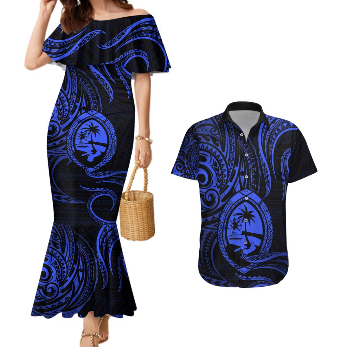 Polynesian Guam Coat of Arms Couples Matching Mermaid Dress and Hawaiian Shirt Polynesian Tribal Tattoo Blue Version LT9 Blue - Polynesian Pride
