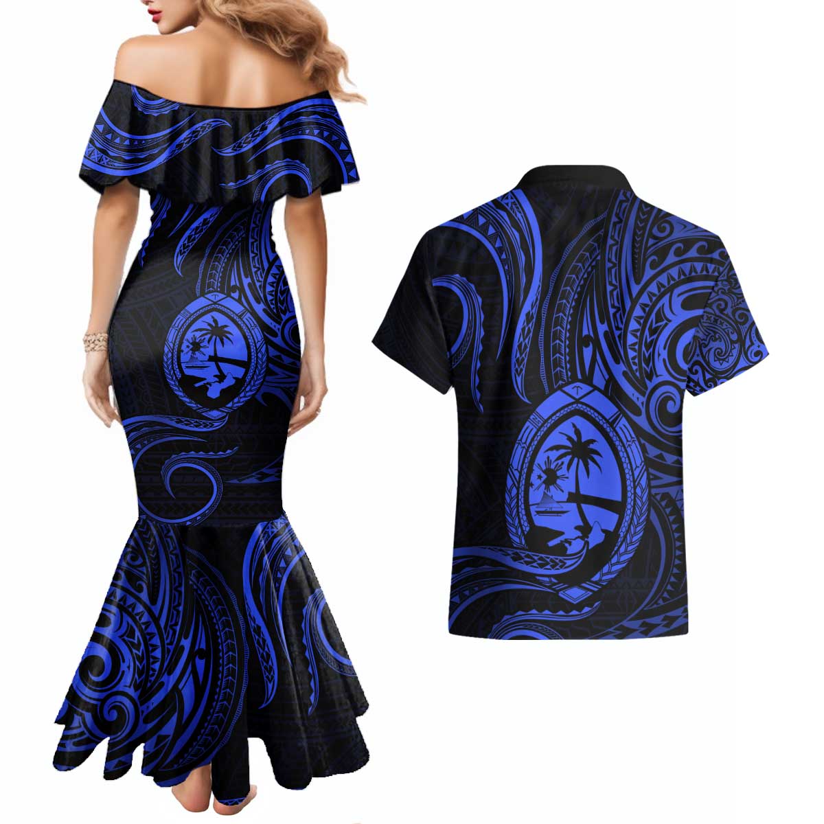 Polynesian Guam Coat of Arms Couples Matching Mermaid Dress and Hawaiian Shirt Polynesian Tribal Tattoo Blue Version LT9 - Polynesian Pride