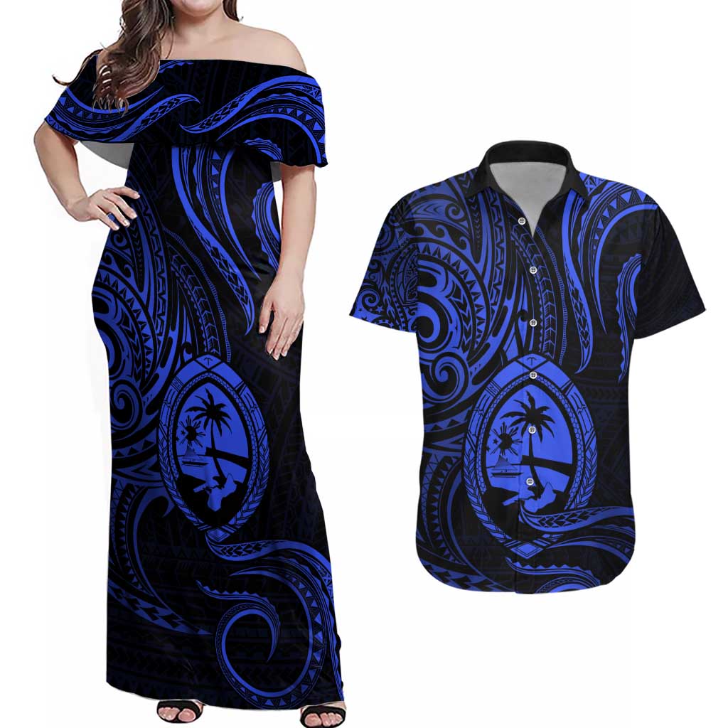 Polynesian Guam Coat of Arms Couples Matching Off Shoulder Maxi Dress and Hawaiian Shirt Polynesian Tribal Tattoo Blue Version LT9 Blue - Polynesian Pride
