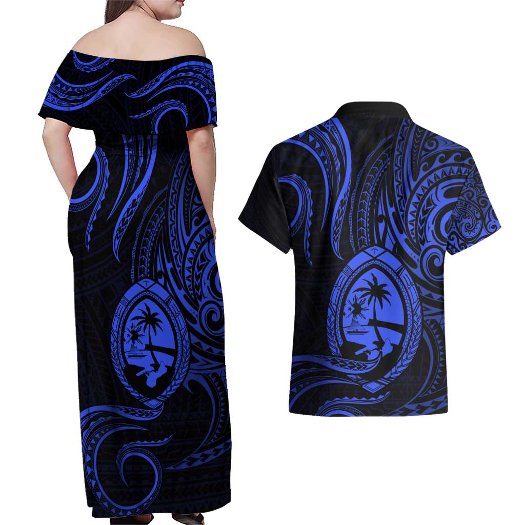 Polynesian Guam Coat of Arms Couples Matching Off Shoulder Maxi Dress and Hawaiian Shirt Polynesian Tribal Tattoo Blue Version LT9 - Polynesian Pride