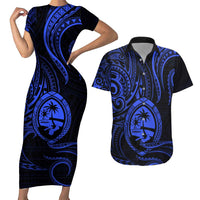Polynesian Guam Coat of Arms Couples Matching Short Sleeve Bodycon Dress and Hawaiian Shirt Polynesian Tribal Tattoo Blue Version LT9 Blue - Polynesian Pride