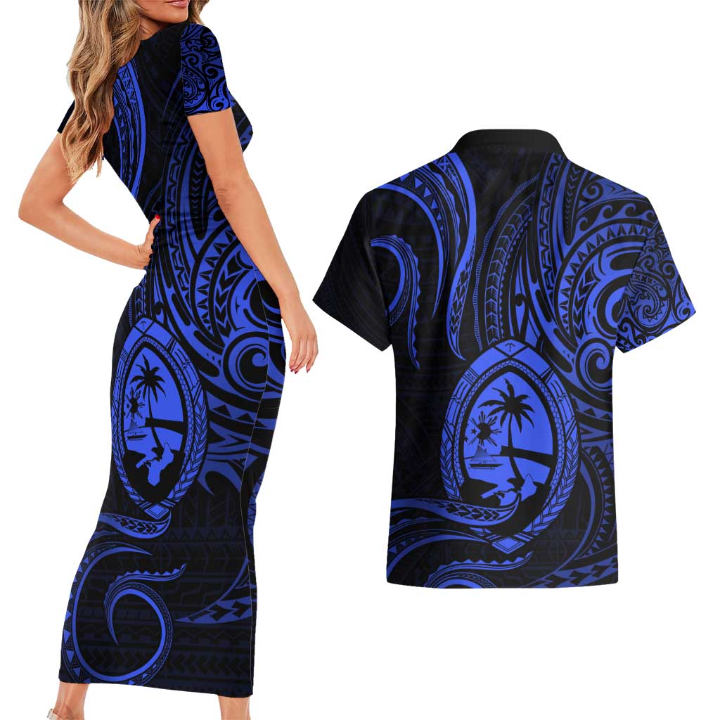 Polynesian Guam Coat of Arms Couples Matching Short Sleeve Bodycon Dress and Hawaiian Shirt Polynesian Tribal Tattoo Blue Version LT9 - Polynesian Pride