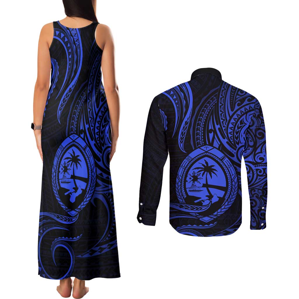 Polynesian Guam Coat of Arms Couples Matching Tank Maxi Dress and Long Sleeve Button Shirt Polynesian Tribal Tattoo Blue Version