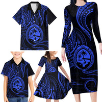 Polynesian Guam Coat of Arms Family Matching Long Sleeve Bodycon Dress and Hawaiian Shirt Polynesian Tribal Tattoo Blue Version LT9 - Polynesian Pride