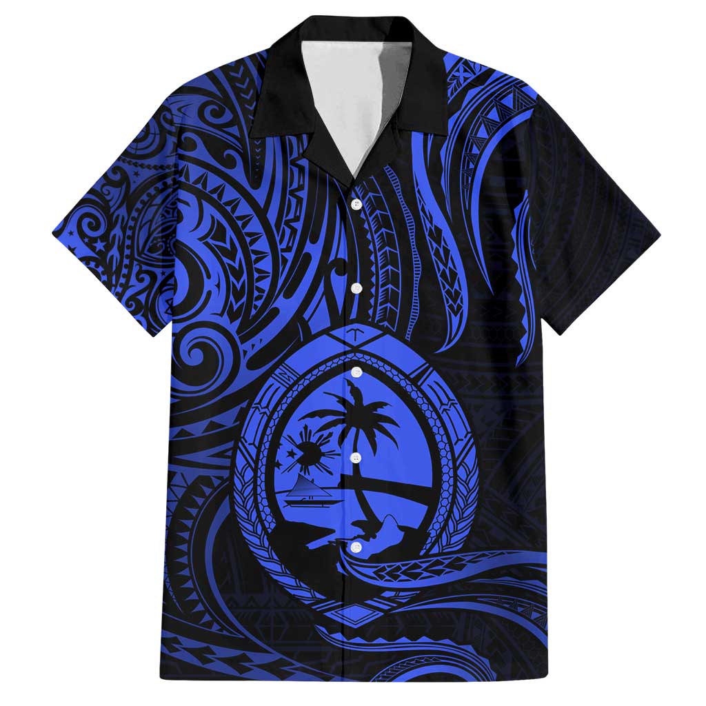 Polynesian Guam Coat of Arms Family Matching Long Sleeve Bodycon Dress and Hawaiian Shirt Polynesian Tribal Tattoo Blue Version LT9 Dad's Shirt - Short Sleeve Blue - Polynesian Pride