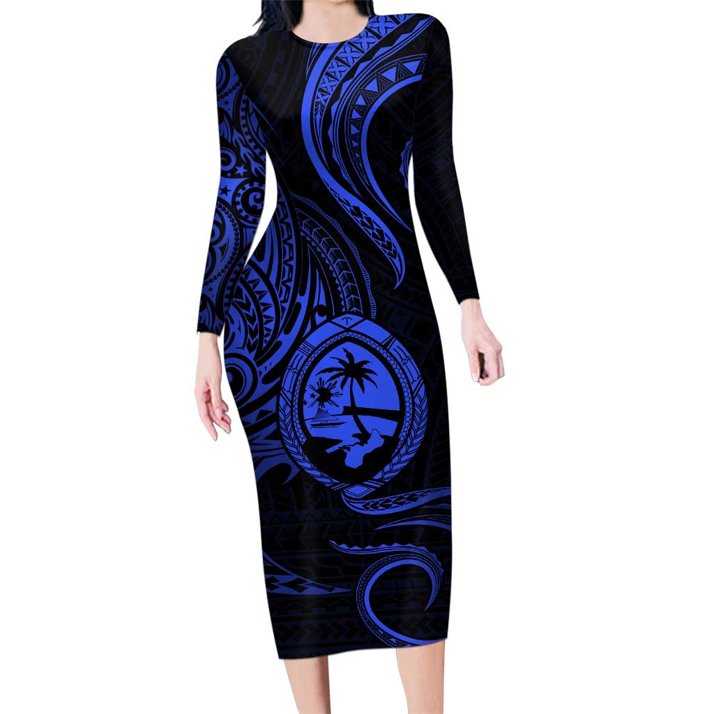 Polynesian Guam Coat of Arms Family Matching Long Sleeve Bodycon Dress and Hawaiian Shirt Polynesian Tribal Tattoo Blue Version LT9 Mom's Dress Blue - Polynesian Pride