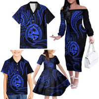 Polynesian Guam Coat of Arms Family Matching Off The Shoulder Long Sleeve Dress and Hawaiian Shirt Polynesian Tribal Tattoo Blue Version LT9 - Polynesian Pride