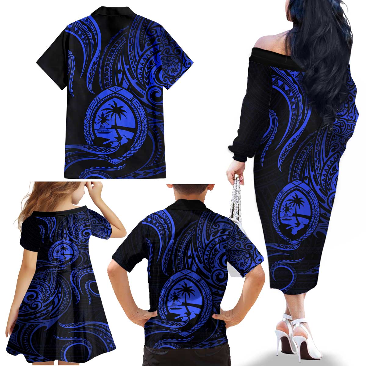 Polynesian Guam Coat of Arms Family Matching Off The Shoulder Long Sleeve Dress and Hawaiian Shirt Polynesian Tribal Tattoo Blue Version LT9 - Polynesian Pride