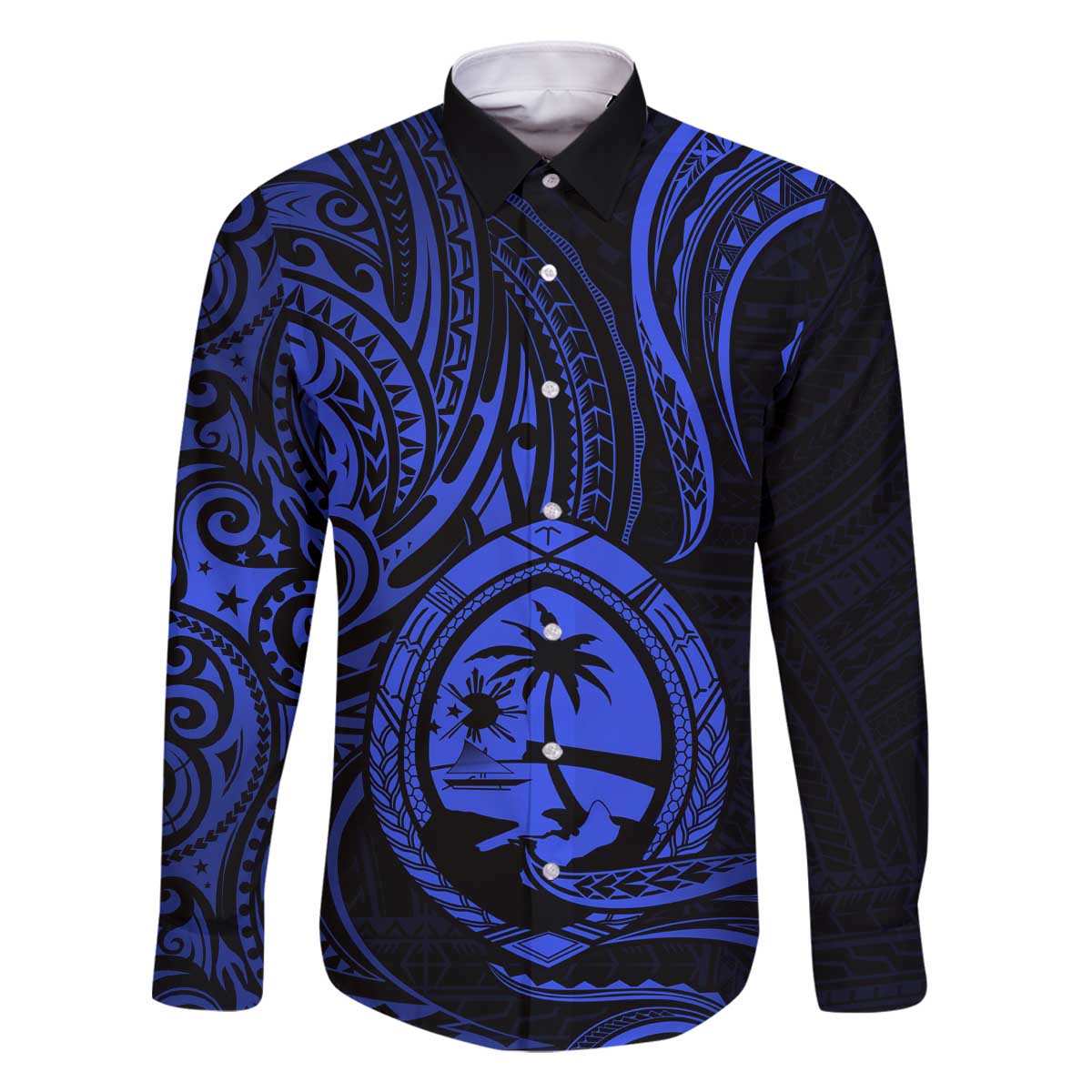 Polynesian Guam Coat of Arms Family Matching Off The Shoulder Long Sleeve Dress and Hawaiian Shirt Polynesian Tribal Tattoo Blue Version LT9 Dad's Shirt - Long Sleeve Blue - Polynesian Pride