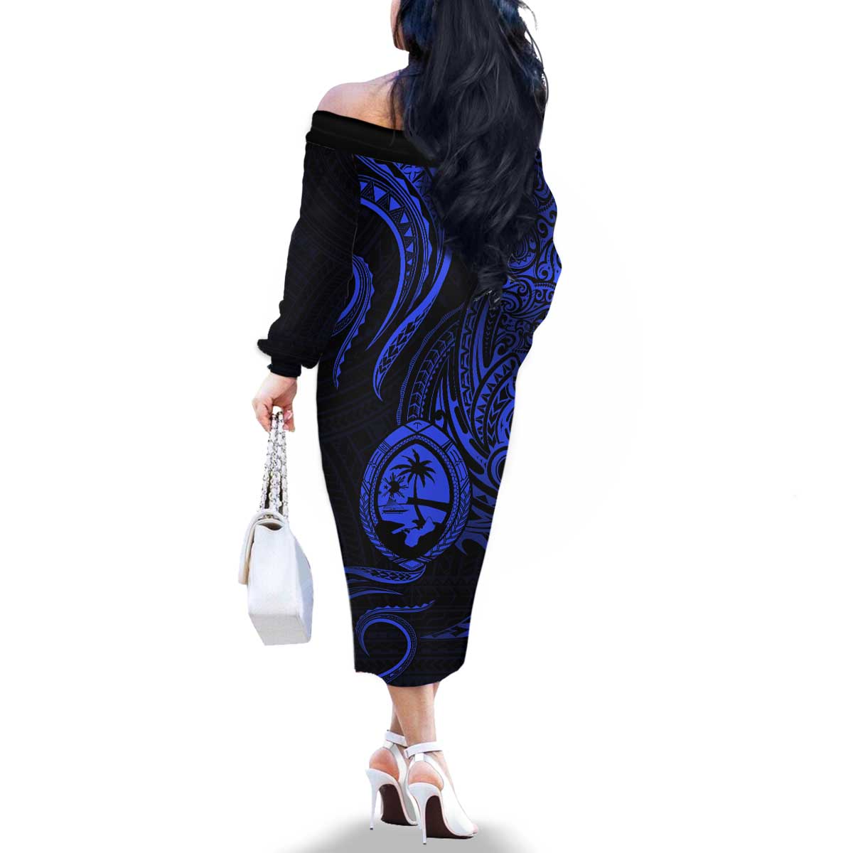 Polynesian Guam Coat of Arms Family Matching Off The Shoulder Long Sleeve Dress and Hawaiian Shirt Polynesian Tribal Tattoo Blue Version LT9 - Polynesian Pride