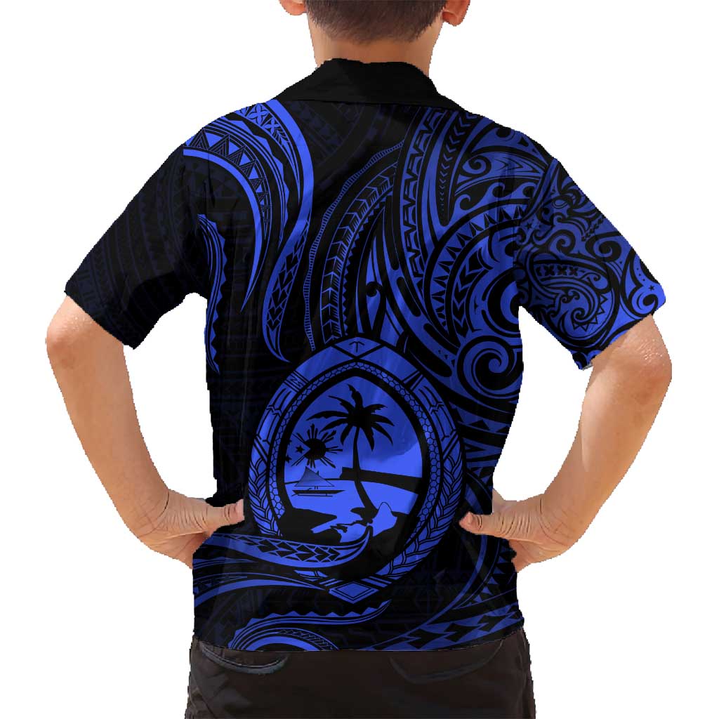 Polynesian Guam Coat of Arms Family Matching Off Shoulder Maxi Dress and Hawaiian Shirt Polynesian Tribal Tattoo Blue Version LT9 - Polynesian Pride