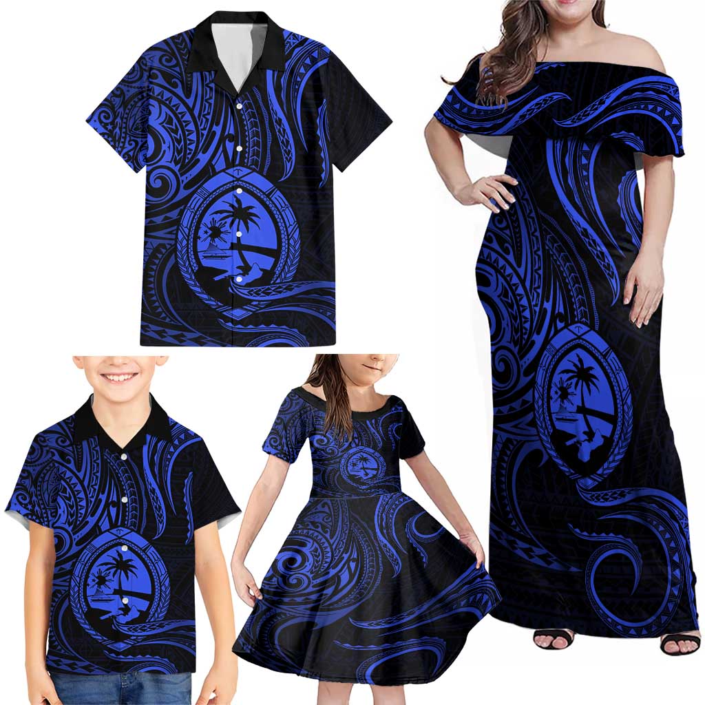 Polynesian Guam Coat of Arms Family Matching Off Shoulder Maxi Dress and Hawaiian Shirt Polynesian Tribal Tattoo Blue Version LT9 - Polynesian Pride