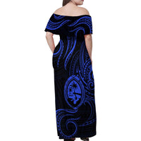 Polynesian Guam Coat of Arms Family Matching Off Shoulder Maxi Dress and Hawaiian Shirt Polynesian Tribal Tattoo Blue Version LT9 - Polynesian Pride