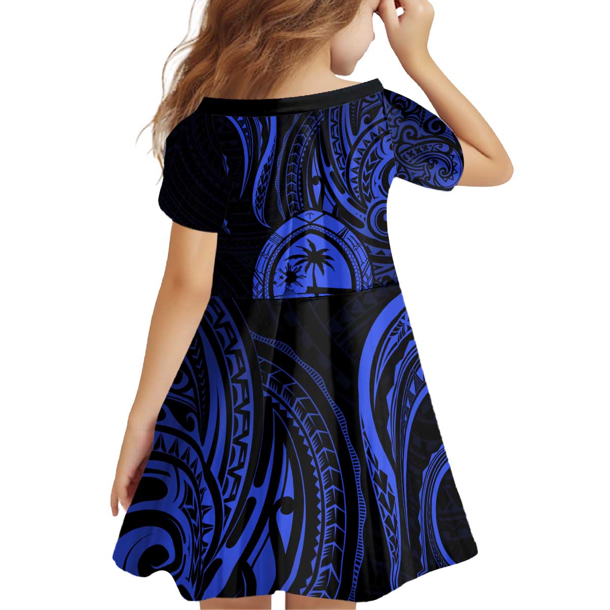 Polynesian Guam Coat of Arms Family Matching Off Shoulder Short Dress and Hawaiian Shirt Polynesian Tribal Tattoo Blue Version LT9 - Polynesian Pride