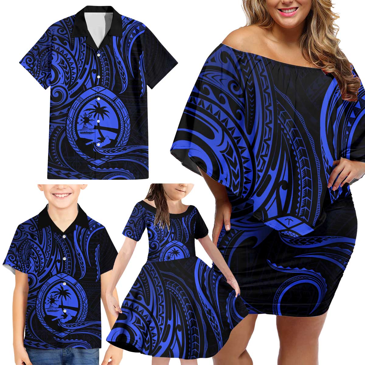 Polynesian Guam Coat of Arms Family Matching Off Shoulder Short Dress and Hawaiian Shirt Polynesian Tribal Tattoo Blue Version LT9 - Polynesian Pride