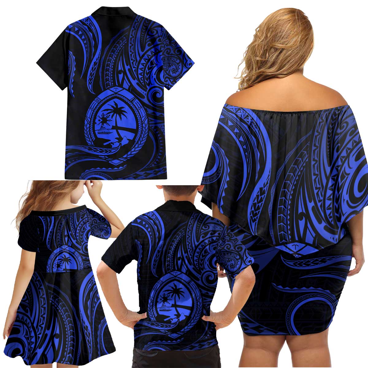 Polynesian Guam Coat of Arms Family Matching Off Shoulder Short Dress and Hawaiian Shirt Polynesian Tribal Tattoo Blue Version LT9 - Polynesian Pride