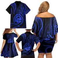 Polynesian Guam Coat of Arms Family Matching Off Shoulder Short Dress and Hawaiian Shirt Polynesian Tribal Tattoo Blue Version LT9 - Polynesian Pride