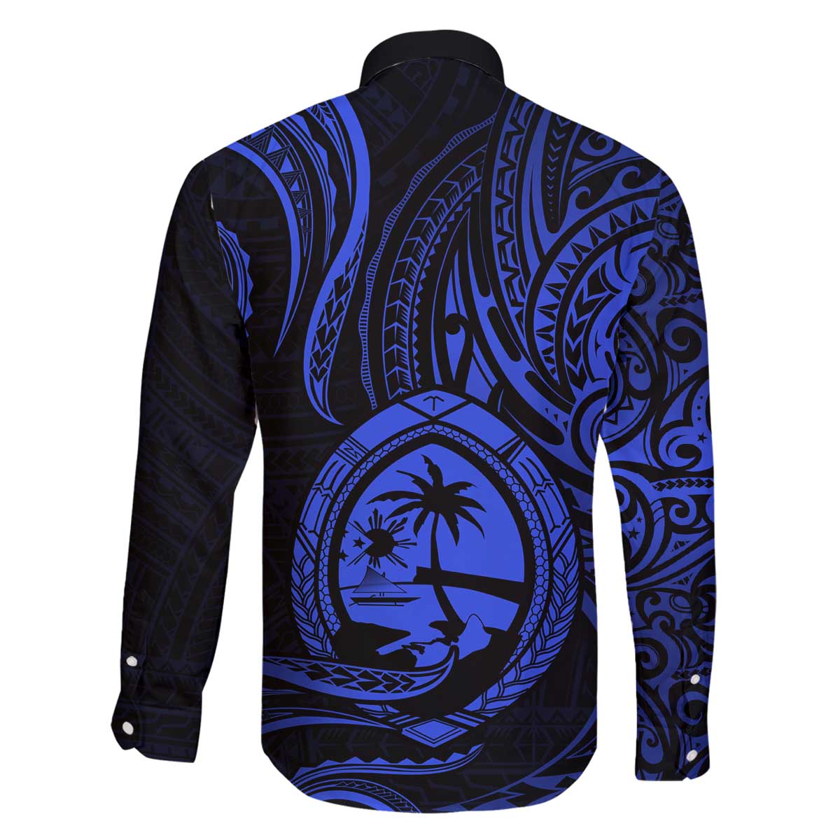 Polynesian Guam Coat of Arms Family Matching Off Shoulder Short Dress and Hawaiian Shirt Polynesian Tribal Tattoo Blue Version LT9 - Polynesian Pride